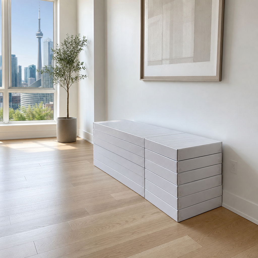 Clean ecommerce editorial photography of sealed flooring boxes stacked flat in a bright Toronto residential interior near a window with natural light, hardwood