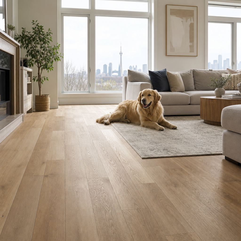 A bright Toronto-area living room with installed luxury vinyl plank flooring in a warm wood tone, a golden retriever lying peacefully on an area rug nearby, nat