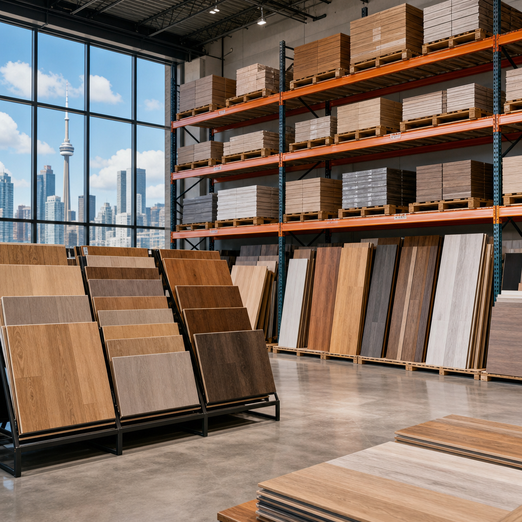 Organized warehouse showroom displaying hardwood, SPC vinyl, and laminate inventory under natural light