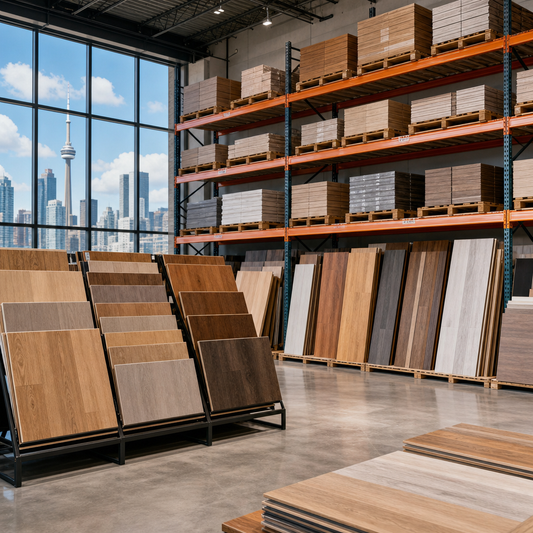 Organized warehouse showroom displaying hardwood, SPC vinyl, and laminate inventory under natural light