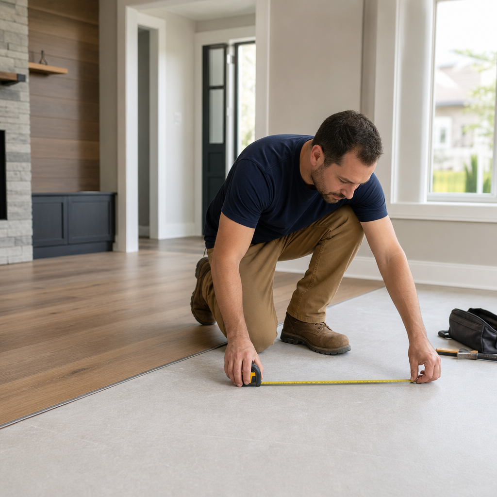 Professional contractor using a tape measure to assess a room in a GTA home before flooring installation, showing precision and expertise in a clean residential