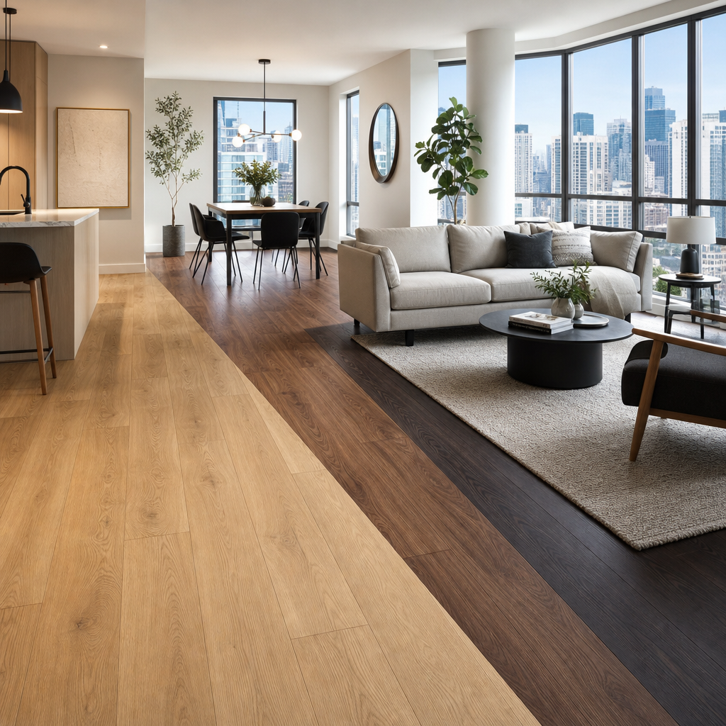 Modern Toronto living room showcasing three German laminate flooring options in oak, walnut, and espresso tones