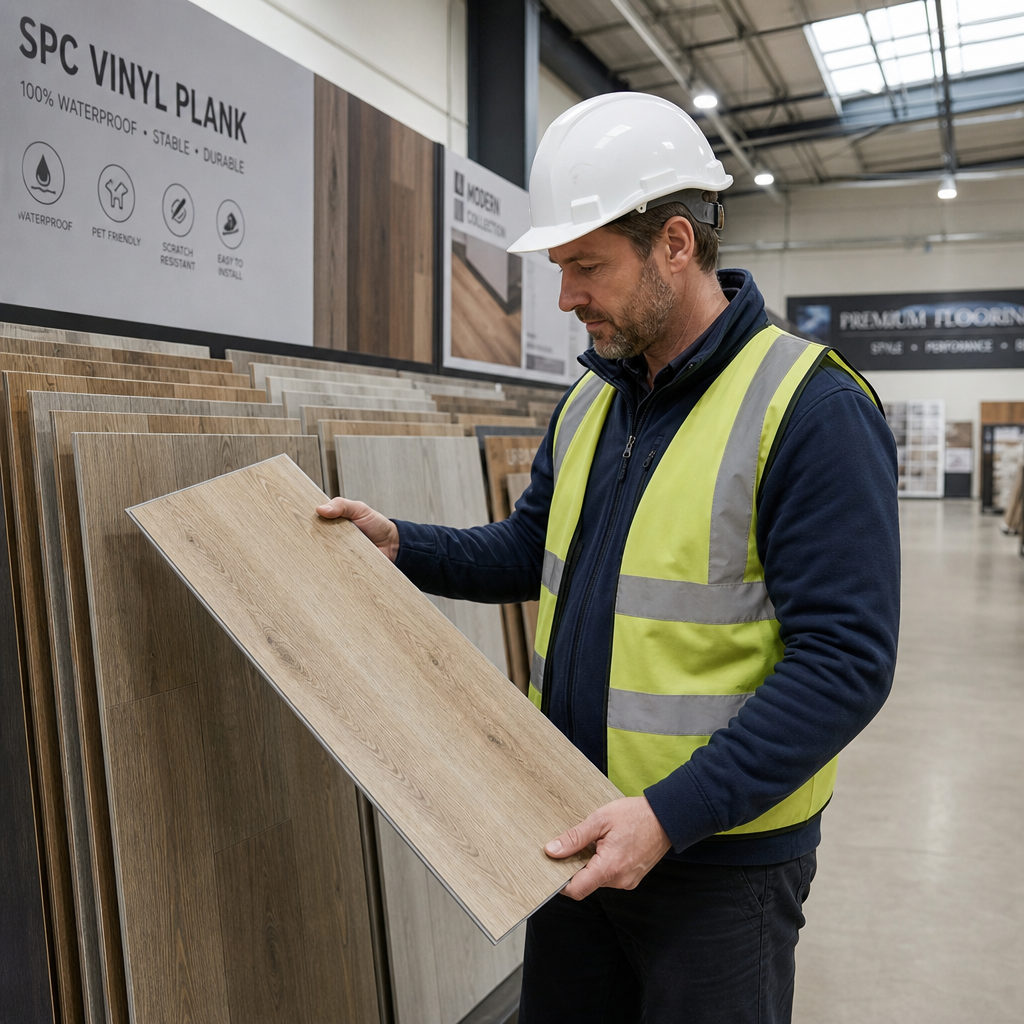 GTA contractor examining SPC vinyl plank flooring samples at Top Floorings Depot warehouse showroom