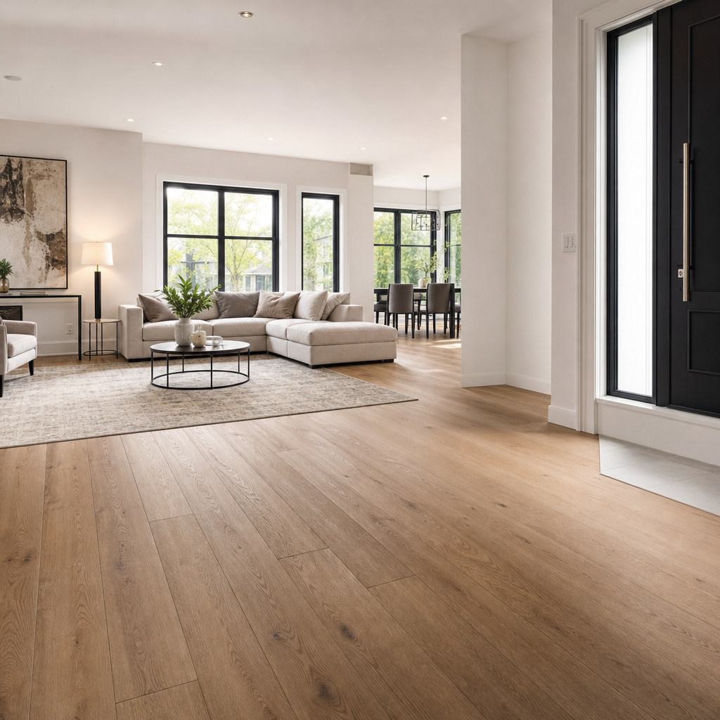 Photorealistic interior photograph of a beautifully finished contemporary living room in a GTA home, featuring wide-plank luxury vinyl flooring in a warm oak to