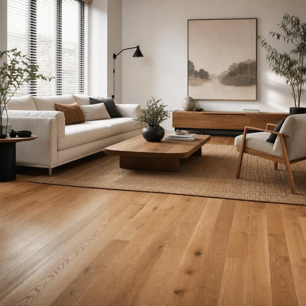 Elegant GTA living room featuring beautifully refinished solid hardwood flooring in warm natural oak tones, natural window light streaming through modern blinds