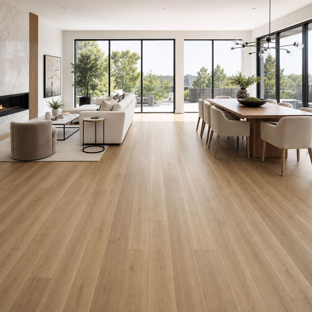 Modern GTA home interior featuring luxury vinyl plank flooring in contemporary open-concept living and dining space with natural light