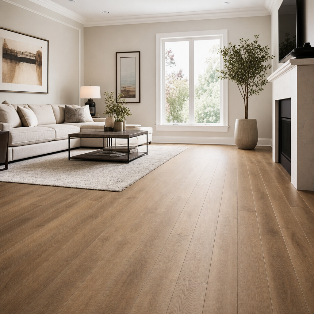 A beautifully finished modern living room in a Markham residential home, showcasing premium vinyl plank flooring with realistic wood grain texture, natural wind