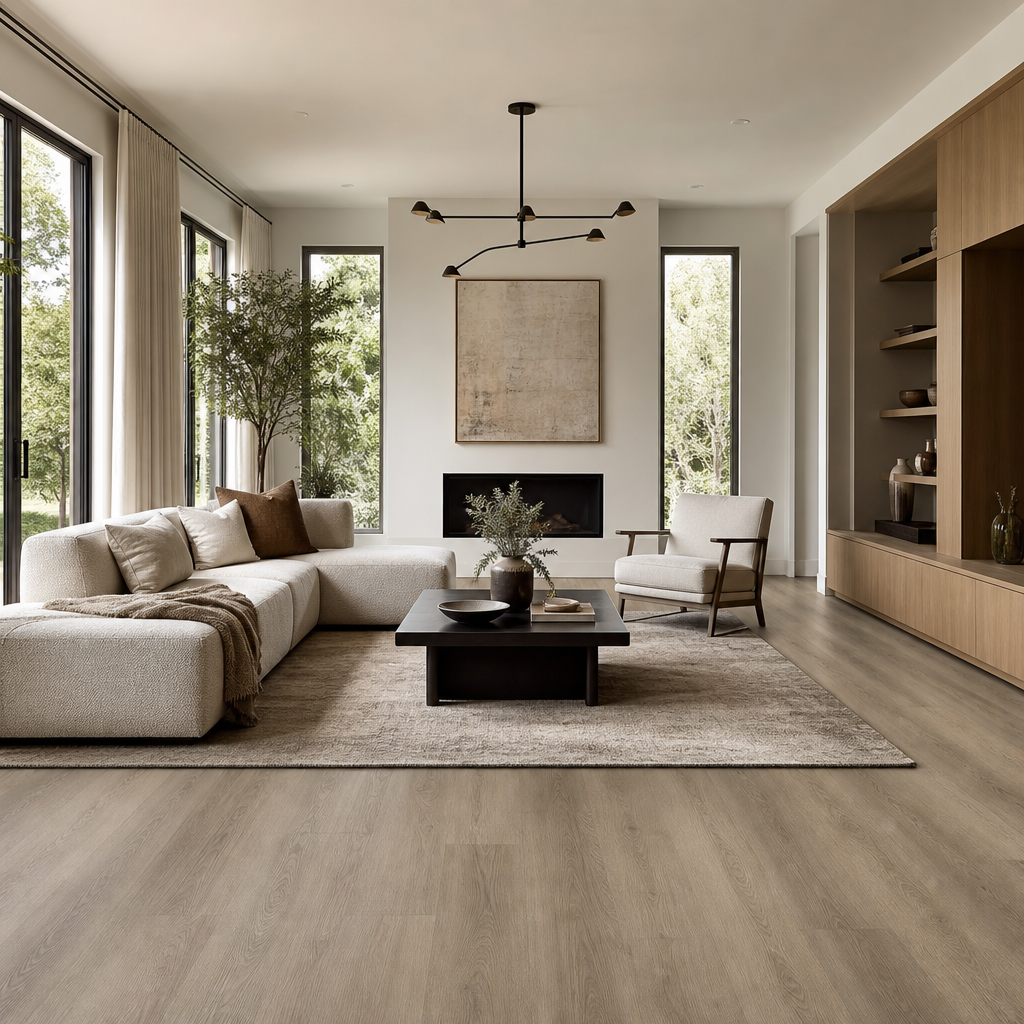 Contemporary GTA living room interior with warm greige tone luxury vinyl plank flooring, natural wood cabinetry, and soft ambient daylight from large windows