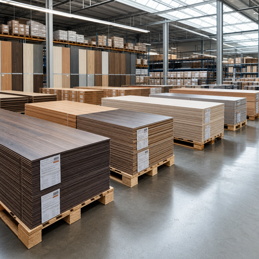Wide-angle photograph of a professional warehouse showroom displaying stacked bundles of laminate flooring planks in various wood tones, arranged in neat rows o