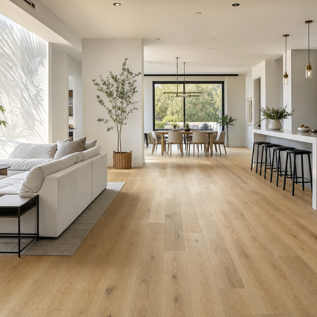 A beautifully finished open-concept residential living space in natural daylight, featuring realistic light oak luxury vinyl plank flooring as the focal point.