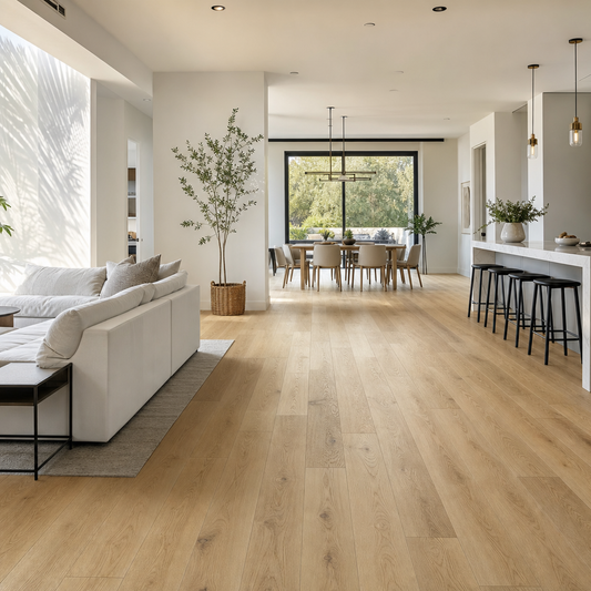 A beautifully finished open-concept residential living space in natural daylight, featuring realistic light oak luxury vinyl plank flooring as the focal point.