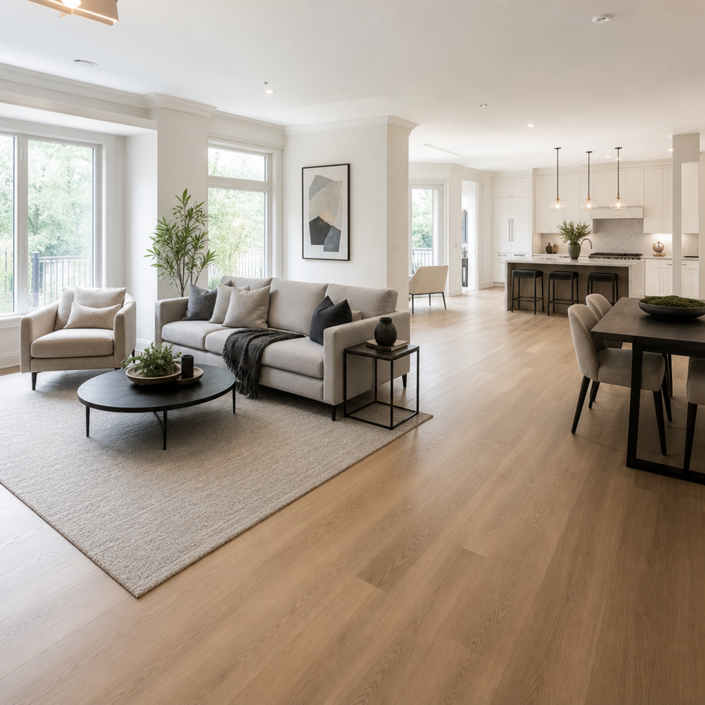 A bright, modern open-concept main floor in a Vaughan home featuring beautiful installed hardwood or luxury vinyl plank flooring in a warm wood tone. Natural li