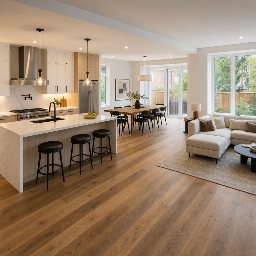 Photorealistic editorial photograph of a finished open-concept main floor in a modern Toronto-area residential interior. The space seamlessly connects a contemp