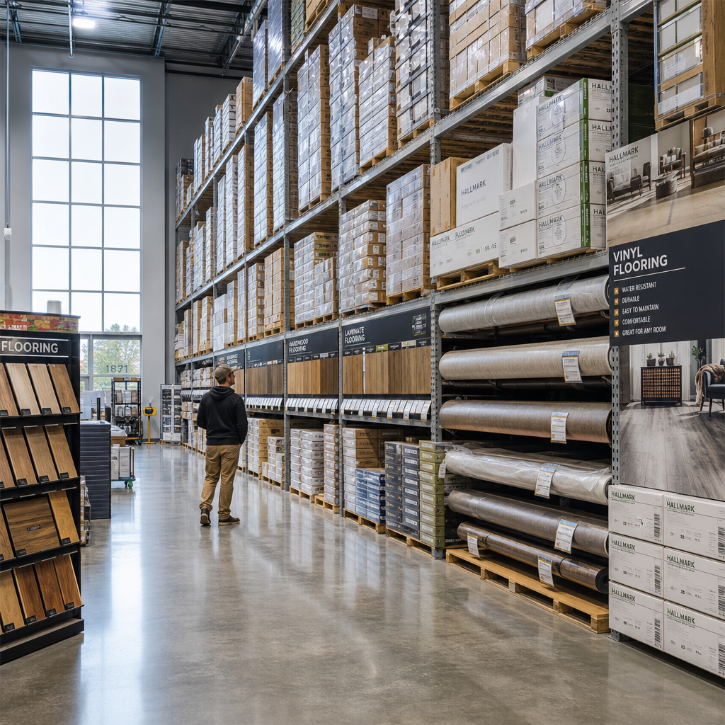 Interior of a spacious warehouse showroom with tall shelving units displaying stacked boxes of flooring materials including hardwood planks, laminate boards, an