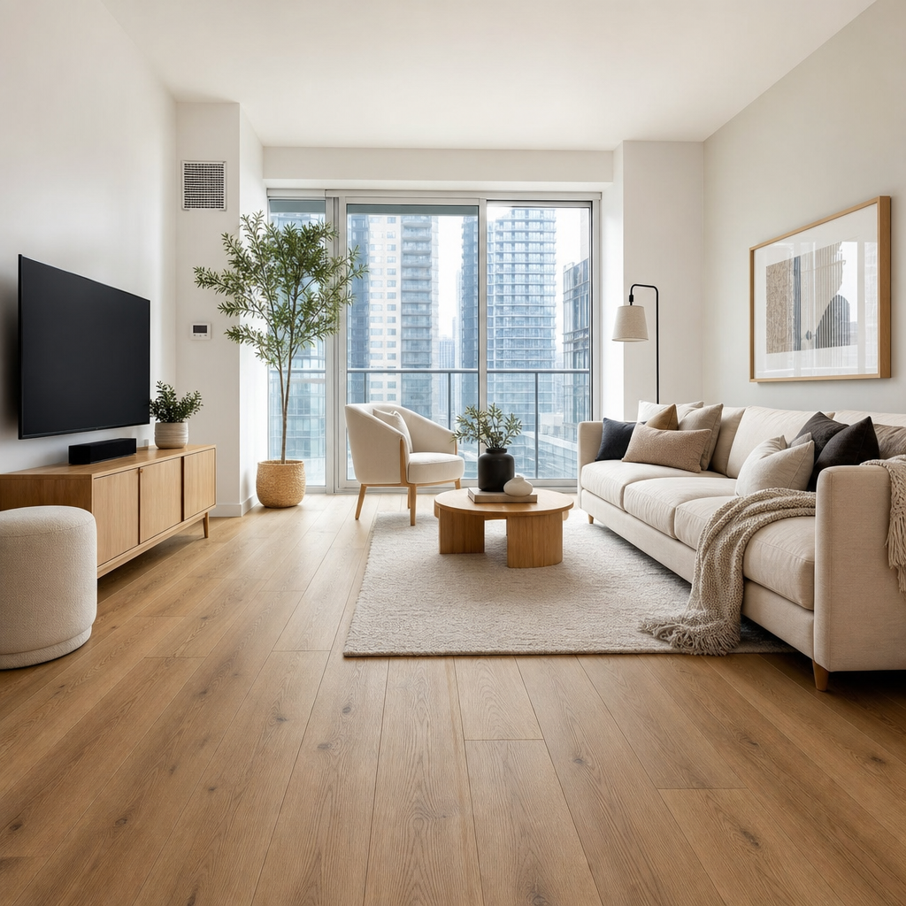 Modern Toronto living room with affordable laminate flooring in warm oak tones