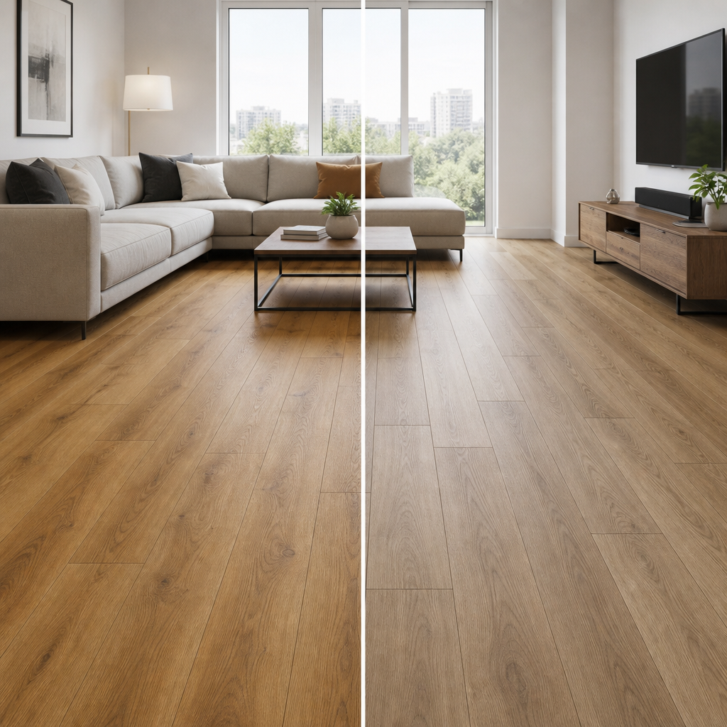 Side-by-side comparison of SPC vinyl plank and laminate flooring in a modern Toronto living room