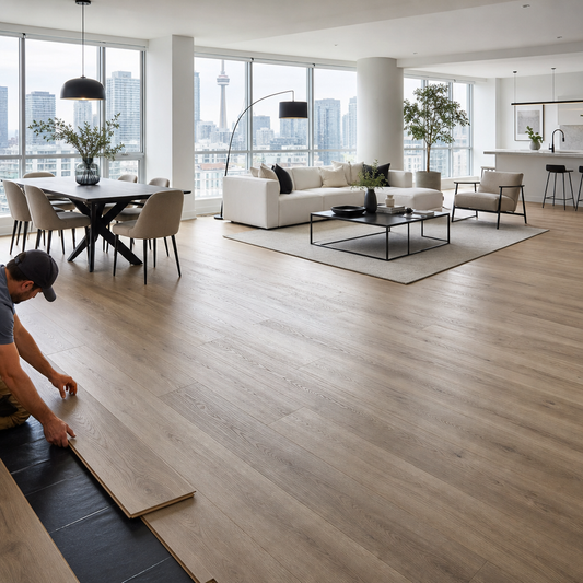 Modern Toronto condo interior with clean hardwood-look flooring installed, natural light streaming through large windows, open concept living space with minimal