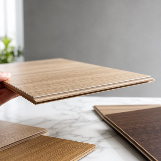Laminate flooring plank showing realistic wood grain texture and layered construction including wear layer