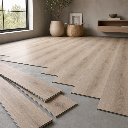 SPC vinyl flooring planks with realistic wood grain texture in a modern condo setting