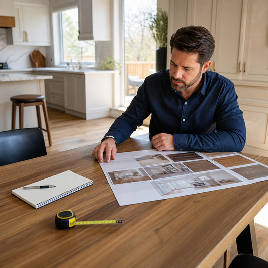 A GTA homeowner at a kitchen table in natural light, carefully reviewing a detailed flooring installation estimate spread across the surface. Modern kitchen int