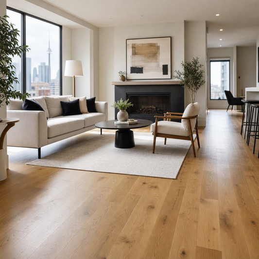 Bright, airy Toronto home interior living room featuring beautiful engineered hardwood flooring in warm oak tones, natural daylight streaming through large wind