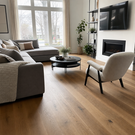 A welcoming Mississauga residential living room with clean ecommerce editorial photography, natural soft light streaming through large windows, showing beautifu