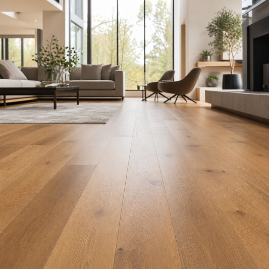 Bright modern living room with engineered hardwood flooring in warm oak tones