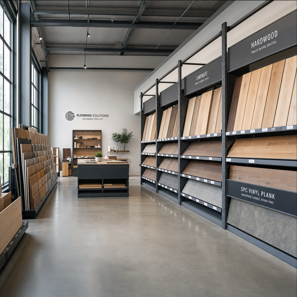 Wide angle shot of a clean, well-organized flooring showroom with neatly arranged hardwood, laminate, and SPC vinyl plank displays on modern metal shelving unit