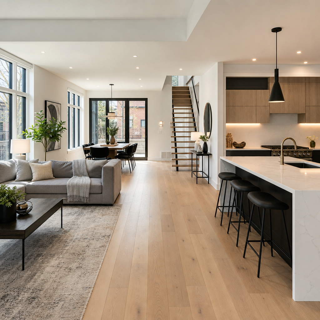 Modern Toronto open-concept living space with light-toned wide-plank flooring and natural daylight