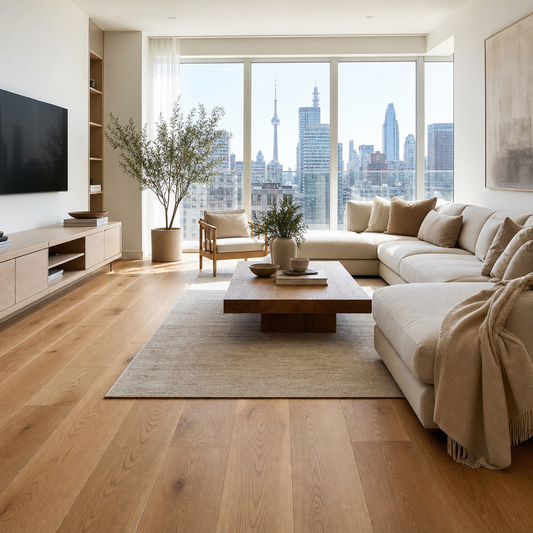 Wide plank engineered European oak hardwood flooring in a contemporary Toronto living room with natural lighting