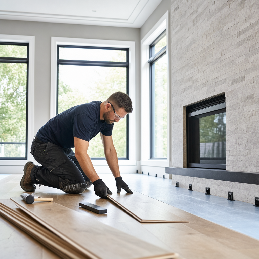 Professional flooring contractor in safety gear kneeling on subfloor, carefully installing engineered hardwood planks in a modern GTA residential living room wi