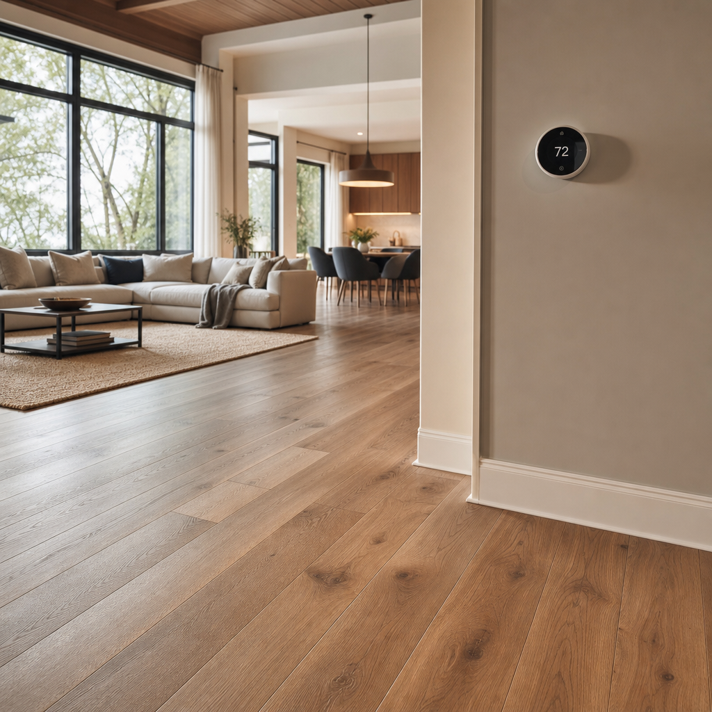 Modern open-concept living room with warm-toned engineered hardwood flooring, natural light streaming through large windows, minimalist furniture, visible therm