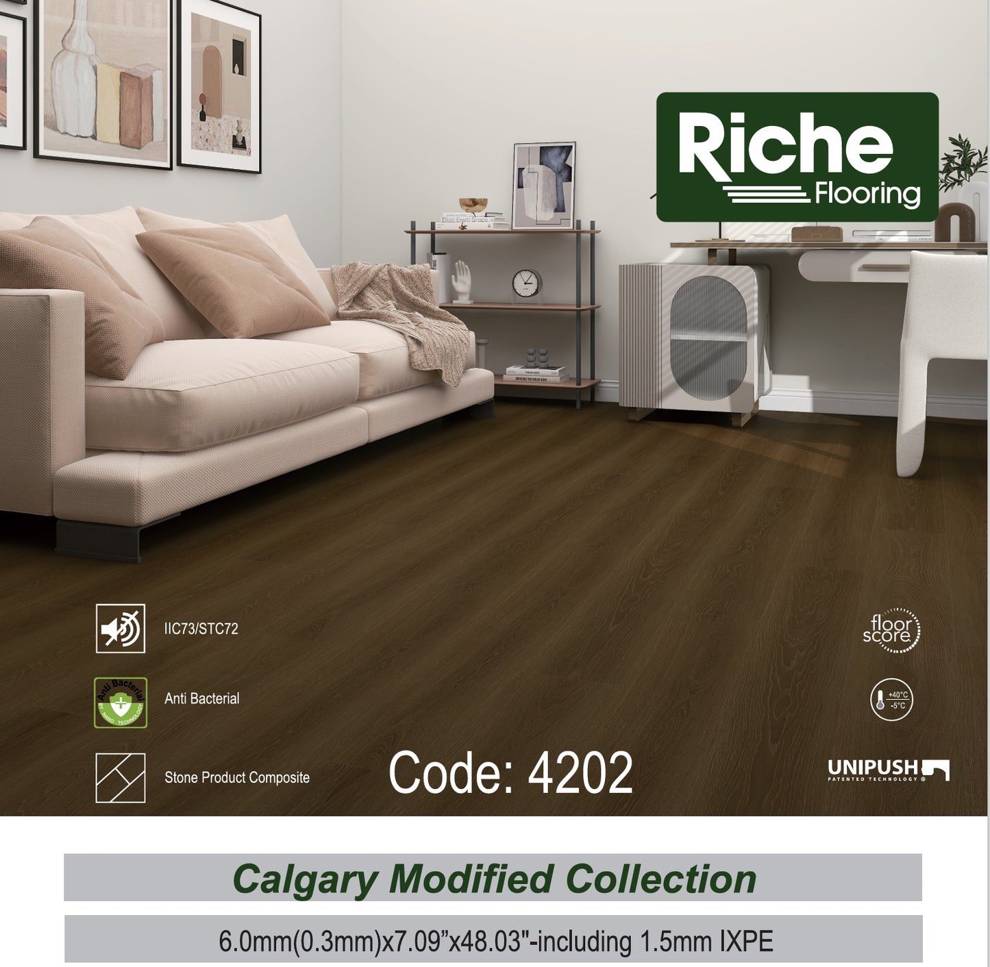 Riche Warm Mocha Oak SPC LVP Vinyl Plank Flooring | 6mm Waterproof with IXPE Pad | 7.09" Wide – Detail View