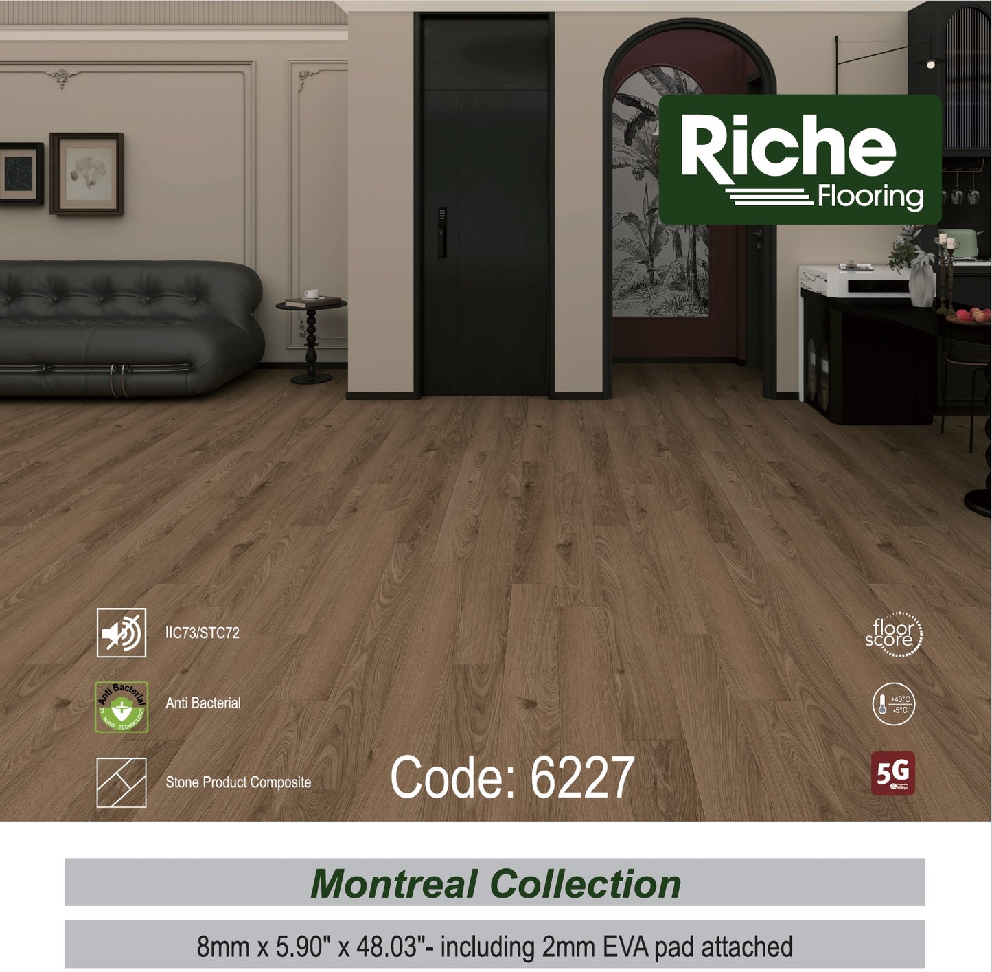 Riche Flooring Montreal Collection 8mm SPC Vinyl Flooring – Plateau Walnut (5.9" Plank) – Main View