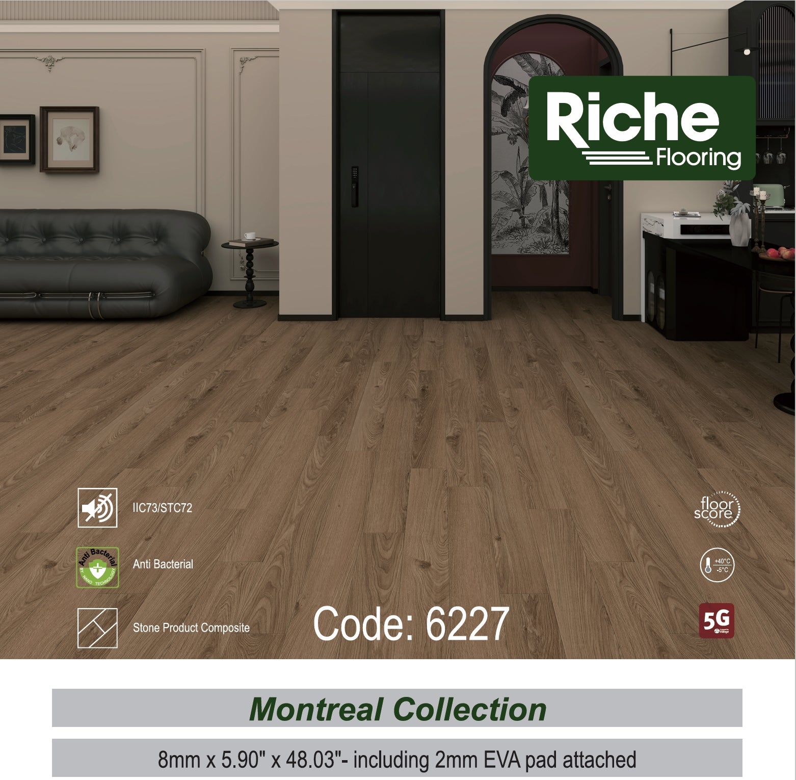 Riche Flooring Montreal Collection 8mm SPC Vinyl Flooring – Plateau Walnut (5.9" Plank) – Main View