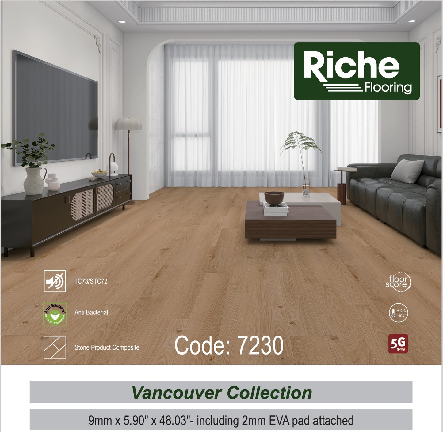 Riche Flooring 9mm SPC Vinyl Flooring – Pacific Teak (12mil Wear Layer) – Main View