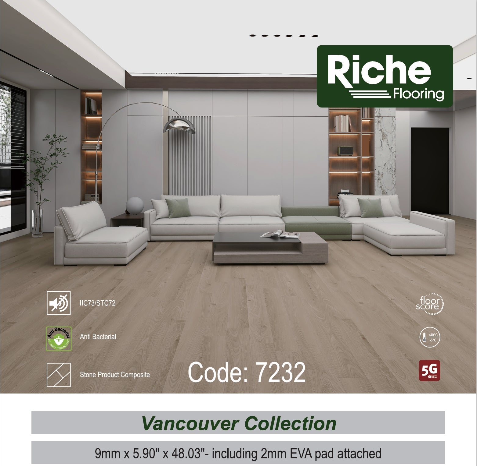 Riche Flooring 9mm SPC Vinyl Flooring – Coastal Greige (12mil Wear Layer) – Main View