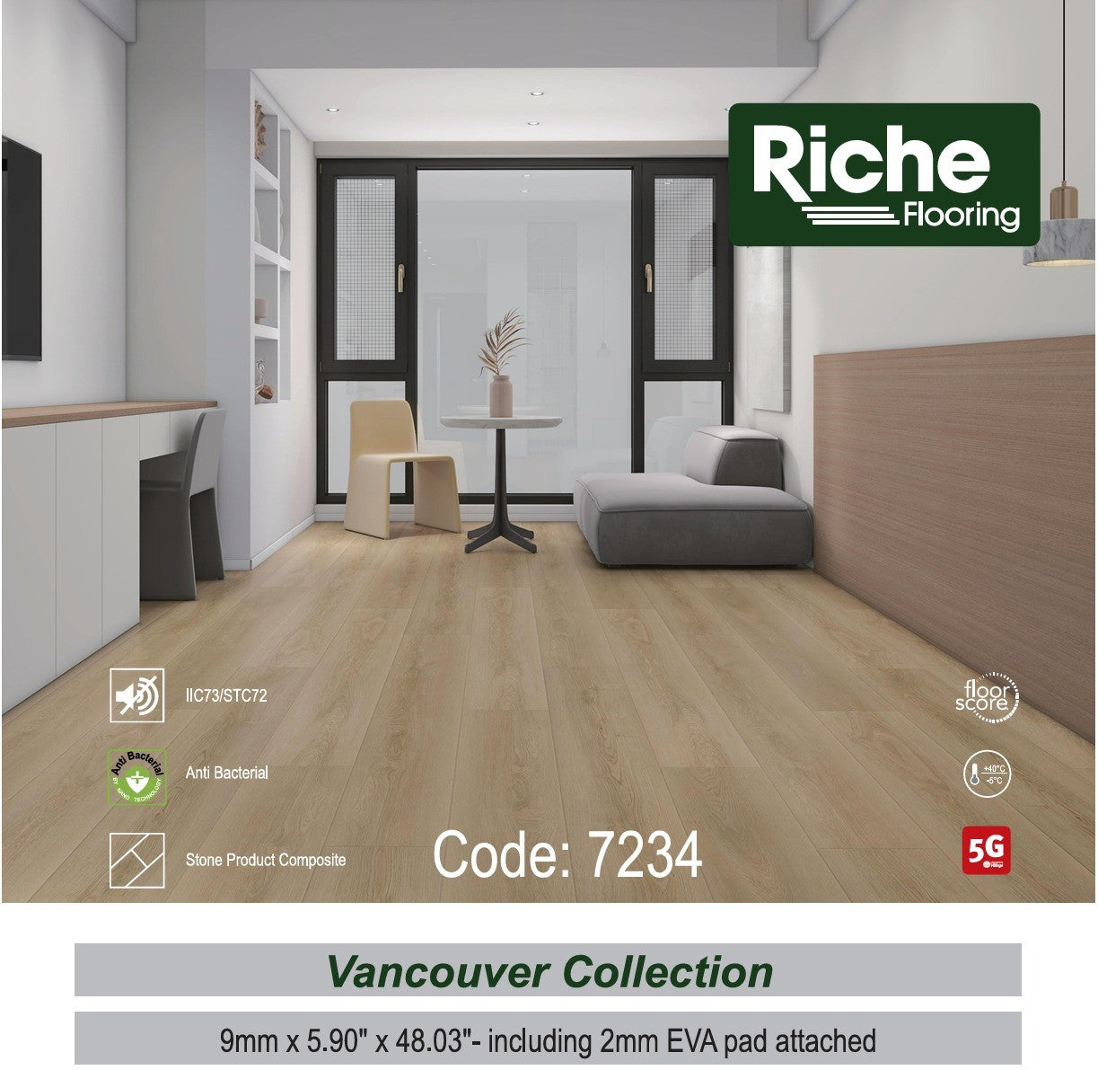 Riche Flooring 9mm SPC Vinyl Flooring – West Coast Sand (12mil Wear Layer) – Main View