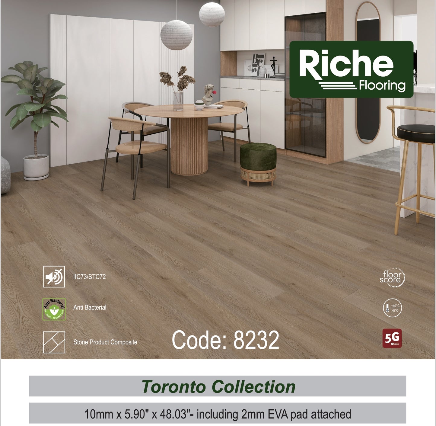 Riche Flooring Ultra-Thick 10mm SPC Vinyl – Rustic Taupe (5.9" Narrow Plank)