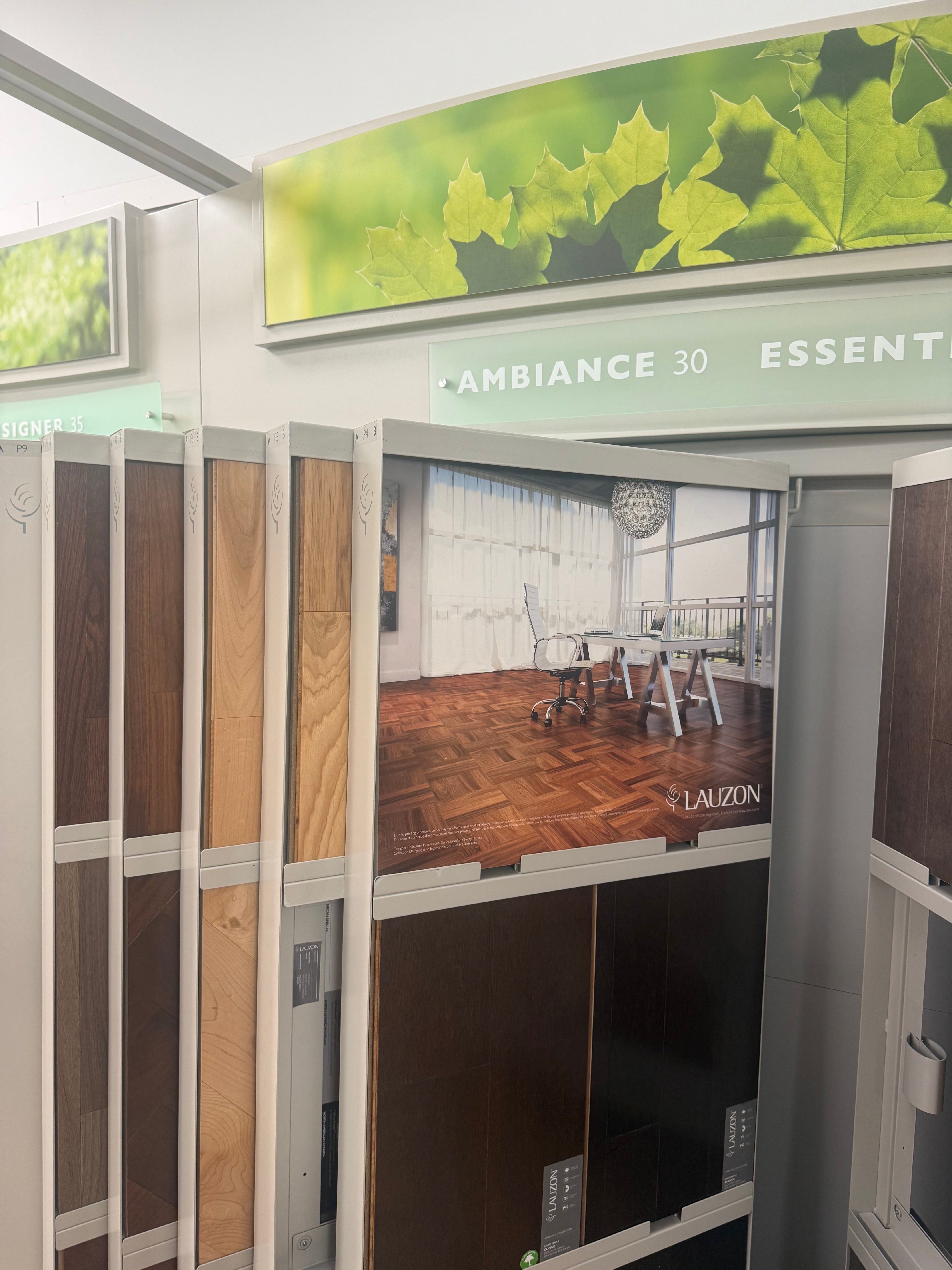 Hardwood and vinyl plank flooring samples on display
