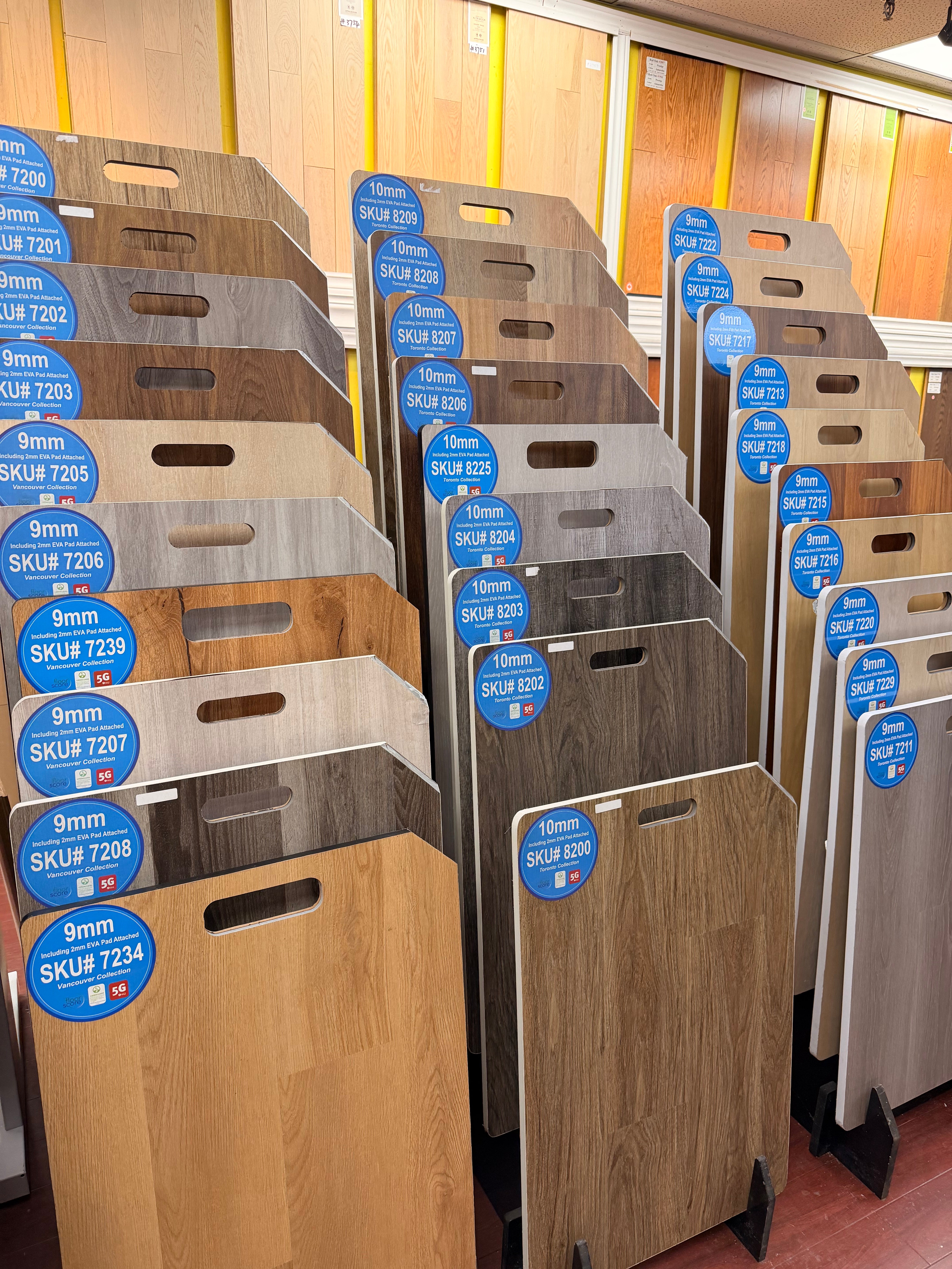 Wide plank flooring selection in Toronto warehouse